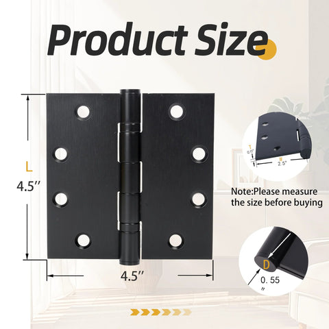 Front view of JAVOUKA 4.5x4.5 inch heavy-duty door hinge, black stainless steel with 3 mm thickness, includes 144 screws.