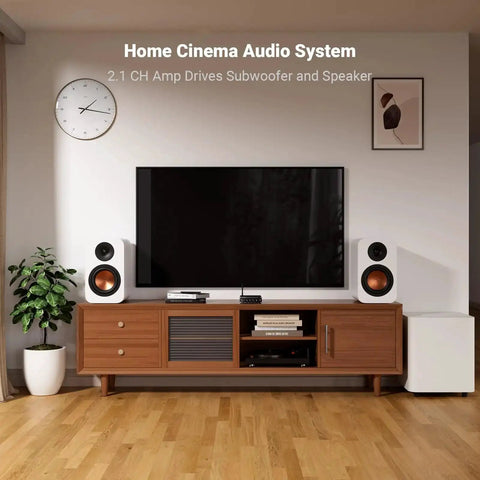 Home cinema setup featuring BT30D Bluetooth 5.0 2.1 Channel Stereo Receiver Amplifier with subwoofer and passive speakers