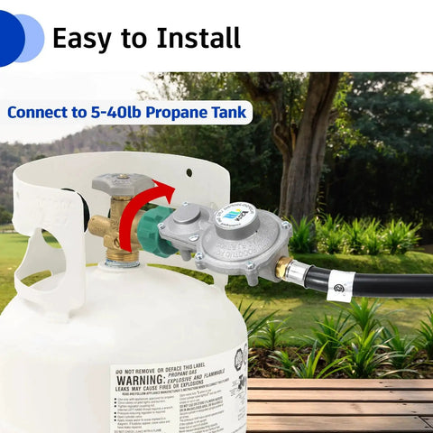 Two Stage Propane Regulator With 5 Foot Hose For Grills, RVs And Generators connected to propane tank, easy to install