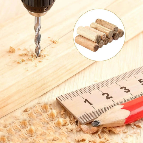 Assorted Wood Dowels Set, Fifty Pcs, Hardwood Dowels In Three Sixteenth Inch, Quarter Inch, depicted for carpentry use with tools.