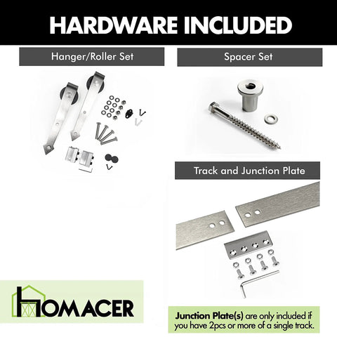 Beefy Brushed Nickel Non-Bypass Sliding Barn Door Hardware Kit components including hanger, roller, spacer, track, and junction plate.