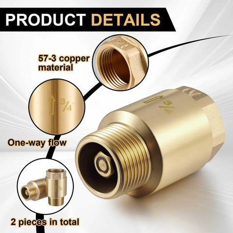 Brass inline check valve, 3/4 inch, one-way flow, NPT male to FNPT outlet, two pieces included