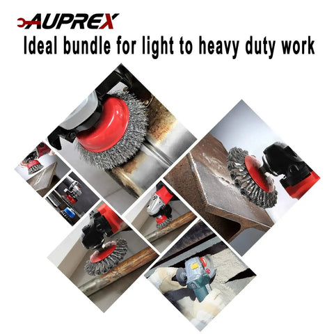 Four Pack Wire Wheel And Cup Brush Set For Four And A Half Inch Angle Grinder With Five Eighths Inch Eleven Threaded Arbor Heavy Duty Carbon Steel Brushes in use on various surfaces