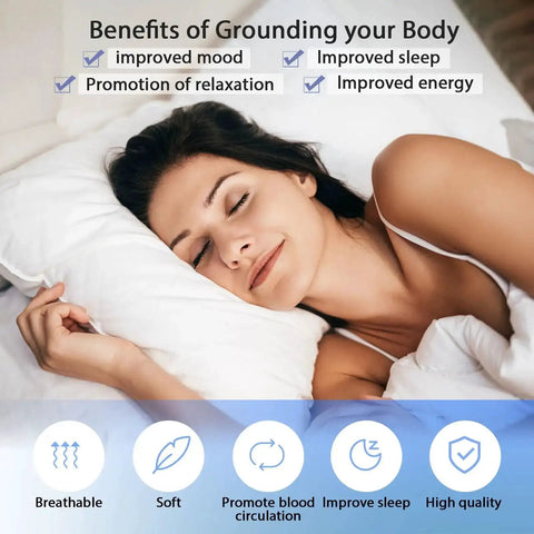 Woman sleeping peacefully, benefits of grounding listed: improved mood, sleep, relaxation, energy; Universal Grounding Mat Kit for Sleep Boost.