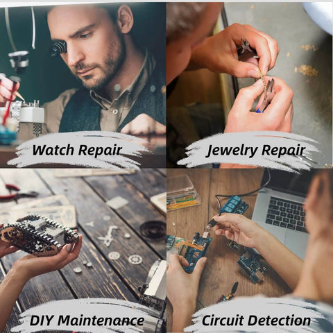 Collage showing uses of Adjustable Welding Clamp Clip Set: watch repair, jewelry repair, DIY maintenance, circuit detection.