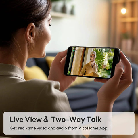 Person using a smartphone to view live video and two-way talk feature of 2K HD Battery Wireless Doorbell Camera With Ring Chime 