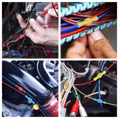 Amazon TICONN nylon spade quick disconnect connectors kit, hands crimping a black terminal in a vehicle wiring harness.
Amazon TICONN nylon spade quick disconnect connectors kit installed on blue wires with yellow inline connector in harness.
Amazon TICONN nylon spade quick disconnect connectors kit, automotive wiring with red and blue spade terminals along trunk area.
Amazon TICONN nylon spade quick disconnect connectors kit, vehicle interior wiring with yellow inline connectors and multiple cables.