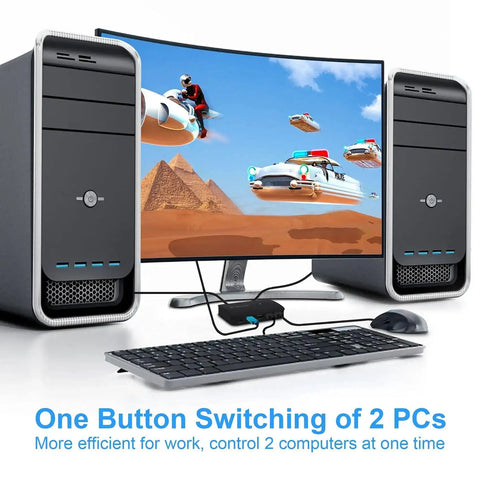 Two PC HDMI USB KVM Switch For Sharing A 4K Monitor Keyboard Mouse And Printer With Two Cables Included shown with two desktops