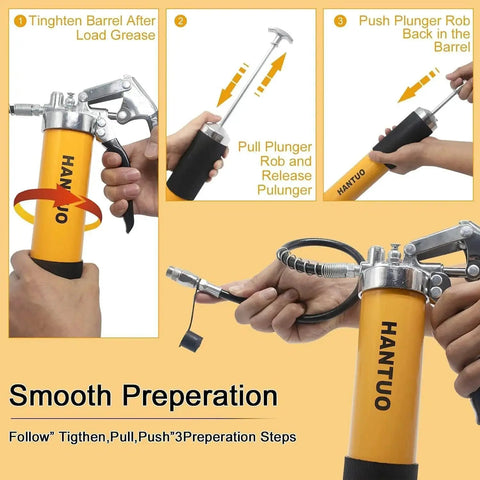 Heavy Duty Pro Grade Grease Gun With Quick Release Coupler 8000 PSI Pistol Grip Kit instructions and kit components