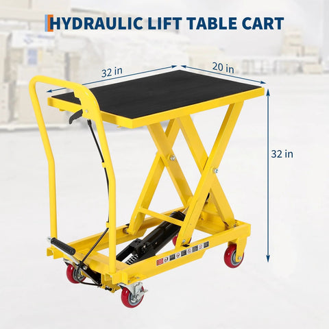 Hydraulic Lift Table Cart 1100 Lb Capacity 10 To 32 In Lift Height With Wheels, yellow platform, 32x20 in dimensions