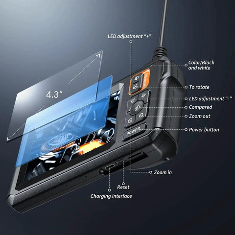 Endoscope Camera With Light For Inspections And Tight Spots Pro Grade Tool 4.3 Inch IPS Screen Delivers 1920P HD Video 8 LED Lights
