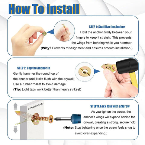 Installation steps for Self Drilling Drywall Anchors With Screws Kit 200 Pcs Heavy Duty Metal Expansion Anchors