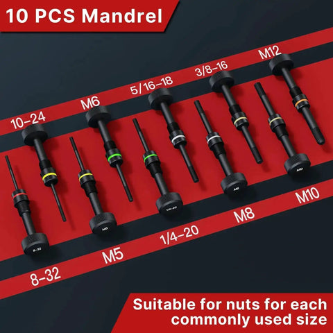 10 mandrels for Rivet Nut Tool Kit With Ratcheting Mechanism And Quick Change Mandrels For Fast Installations visible in row