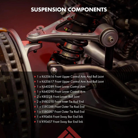 ASTOU 12-piece front suspension kit: upper and lower control arms, ball joints, tie rod ends, sway bar links