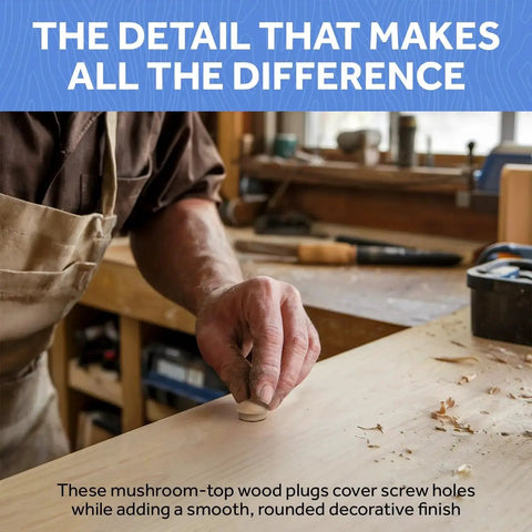 Craftsman applies Maple Wood Screw Hole Plugs 1/4 Inch Pack Of 100 with Button Top Mushroom Caps to wooden surface in workshop.