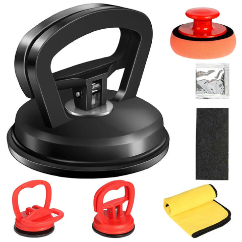 Comprehensive Dent Puller Kit For Cars Three Pack Paintless Dent Repair With Strong Suction Cups Auto Body Dents Fix Easy Grip Ergonomic Handles Gray Black Anatason showing three suction cups and accessories.
