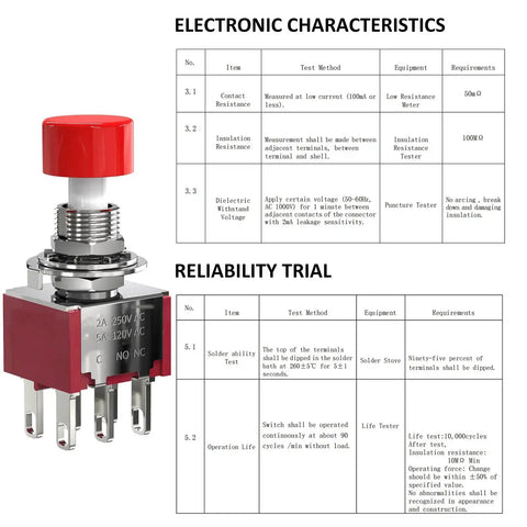 6 Pin Momentary Push Button Switch NO NC With Red Cap 3 Pack for AC 120V 5A or 250V 2A with electronic characteristics table.