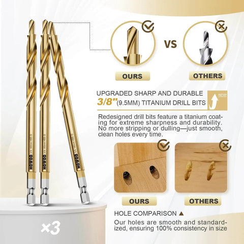 Pocket Hole Jig Kit For Precision Woodworking With Detachable Vacuum Adapter Pro Grade Metal Pocket Screw System Titanium Drill Bits Three Pack At Three Eighths Inch Ultra Sharp And Durable Fits Wood Thickness From One Half Inch To Three And One Eighth featuring comparison of titanium drill bits
