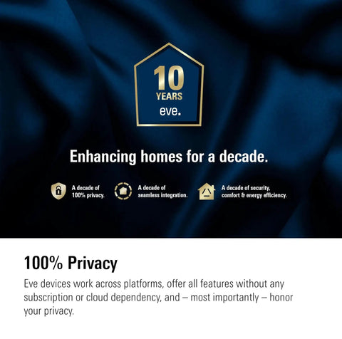10 years Eve, enhancing homes, decade of privacy, seamless integration, security; Smart Home Water Leak Detector With 6.5 Ft Sensing Cable, 100 dB Siren, HomeKit Ready, Real Time App Alerts, Bluetooth And Thread Connectivity, Protect Your Kitchen, Basement And Laundry From Flood Damage