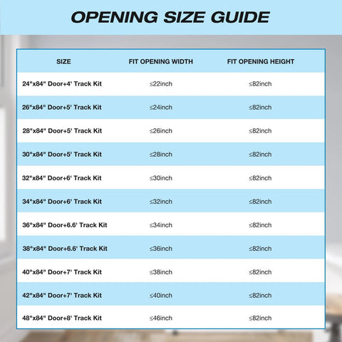 Opening size guide for Five Panel Sliding Glass Barn Door Kit With Frosted Glass Waterproof Finish Includes 6 Ft Hardware Easy Pre Drilled Assembly Fits Up To 32 In By 82 In Opening White