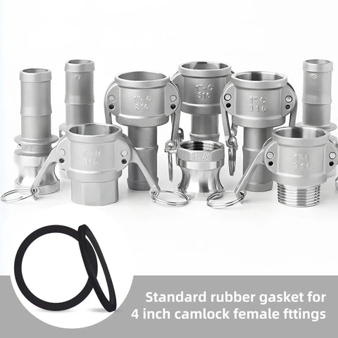 Stainless steel camlock fittings with black rubber gaskets for 4 inch camlock female fittings, oil and chemical resistant.