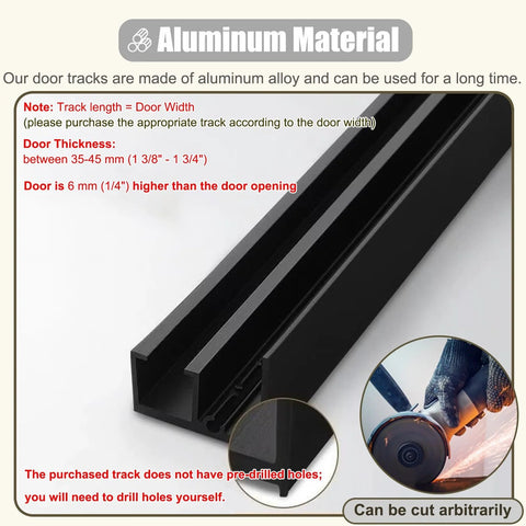 Close-up of Black Mirrored Hidden Sliding Door Track Kit, showing aluminum material and cutting process for installation.
