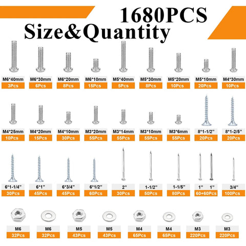Image showing contents of All-In-One 1680-Piece High Hardness Screws, Bolts, Nuts, Nails, And Wood Screws Assortment Kit.