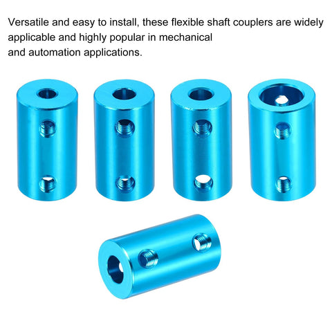 Blue aluminum rigid shaft couplers with set screws for 4-8 mm shafts; 5-pack shown