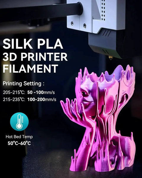 3D printer using Silk PLA Filament 1.75mm 1kg For 3D Printers With A Dope Glossy Silk Finish, printing a smooth artistic sculpture.
