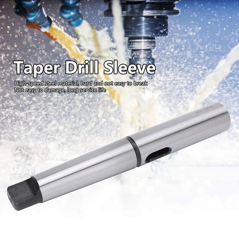 Side view of MT4–MT3 taper drill sleeve reducing adapter, silver high-speed steel with black end cap