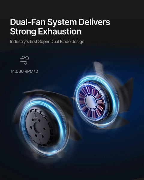 Hyper Flow Inline Duct Fan 2.0 For Laser Smoke Extraction With Dual 14,000 RPM EC Motors illustrating dual blade design.