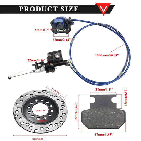 Rear ATV hydraulic disc brake kit with master cylinder, blue hose, caliper, lever, and rotor with pads.