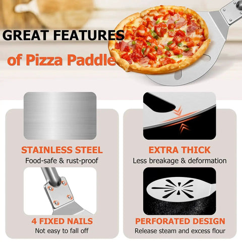 9 Inch Perforated Pizza Peel Turning Paddle With Extra Long Detachable Handle For Rotating Sliding Pizza Heavy Gauge Stainless Steel Spatula Oven Safe Easy Cleanup For Home Chefs Joyfair with pizza on top.