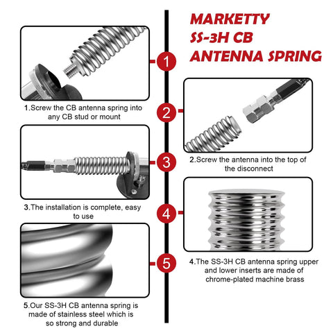 Marketty SS-3H CB antenna spring, silver stainless steel, 60in long, 3/8x24 thread, for mobile CB mounts