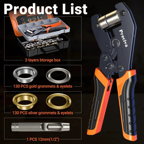 All In One Grommets Tool Kit With Half Inch Grommets And Carrying Case Eyelet Punch Pliers Set displayed with 130 pieces in silver and gold