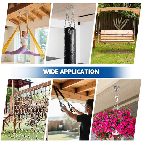 Wide application of Heavy Duty Hammock Hanging Kit With Stainless Steel Pad Eye Hooks for swings, TRX, and DIY projects shown in various setups.