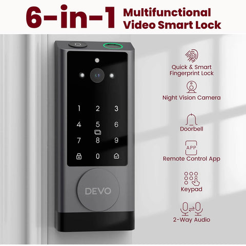 6-In-1 Video Smart Lock With Camera And Doorbell, Fingerprint Unlock, App Remote, IC Card, Passcode, Installed on Door