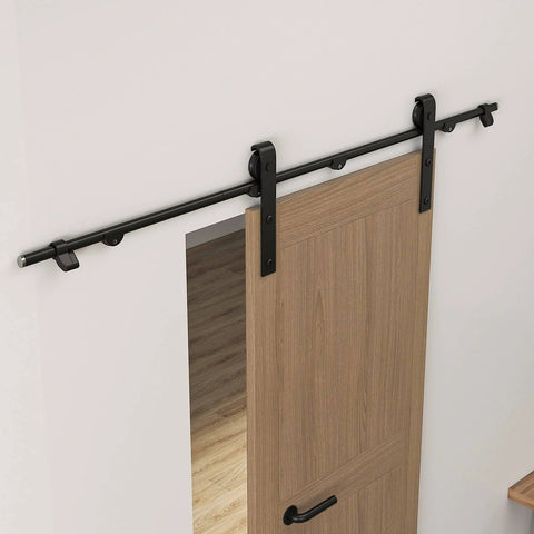 6.6ft Sliding Barn Door Hardware Kit With Heavy Duty Steel Rollers And Flat Tracks, Supports Up To 220 Lbs, Installed on Wooden Door