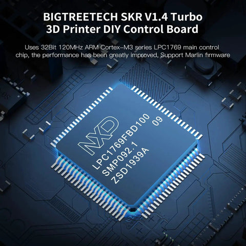 Close-up of Turbo 32Bit 120MHz Control Board for 3D printers showing LPC1769 chip, compatible with Klipper and Marlin, on blue circuit.