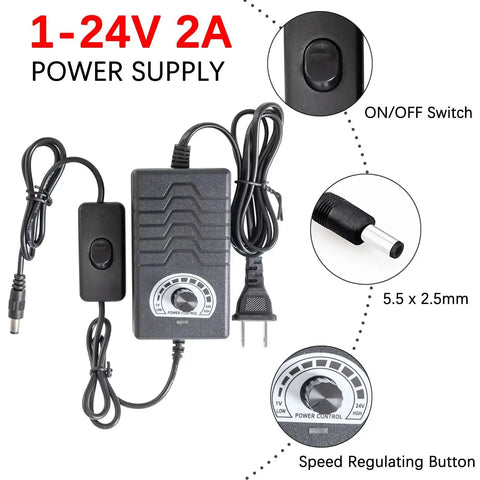Power supply for Upgraded 24V DIY Reciprocating Linear Actuator with adjustable stroke and 40 lb push, featuring on/off switch and speed regulation.