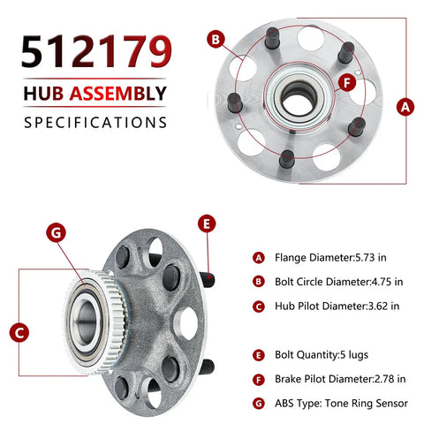 Pair Of Rear Wheel Bearing Hub Assemblies Fits Honda Accord 1998 1999 2000 2001 2002 V6 3.0L And Acura TL 1999 2003 Wheel Hub Bearing Replacement Direct Fit Replacement For Easy Install And Long Lasting Performance with specifications diagram including flange diameter, bolt circle, and ABS tone ring.