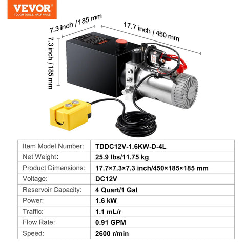 VEVOR hydraulic pump power unit with 4-quart reservoir, DC 12V motor, black body, yellow remote switch