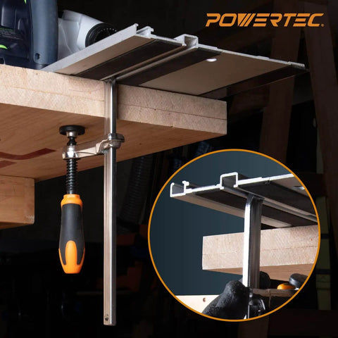 Beefy Quick Screw Down Guide Rail Clamps for MFT Tables and Track Saw Guide Rails in use, 5-3/8 Inch Opening, 2-3/8 Inch Throat Depth