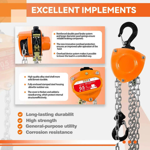 Half Ton Chain Hoist 1100 Lbs Capacity 10 Ft Manual Chain Block With Hooks showing orange casing and sturdy alloy chains.