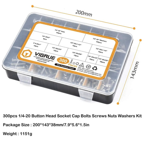 Durable 1/4-20 Hex Button Head Cap Screws Kit By VIGRUE, labeled box of 304 stainless steel bolts, washers, nuts, 300-piece assortment