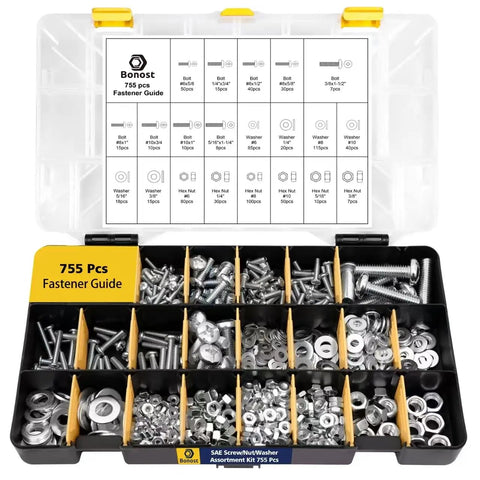Grab And Go 3010 Piece Hardware Assortment Kit With SAE And Metric Phillips Bolts Grade 8.8 Metric Hex Bolts Matching Nuts And Lock Washers In Four Trays For DIY Projects And Home Improvement.