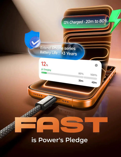 USB C To USB C Cables 60W Fast Charge Kit Five Pack Includes 3.3ft 6.6ft 10ft charging an iPhone. Charging progress is shown.
