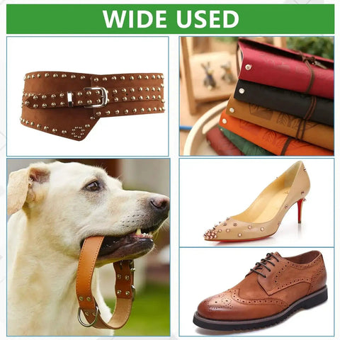 Wide use of Eleven Piece Leather Craft Pro Grade Punch Tool Kit including belts, shoes, handbags, and dog collars.
