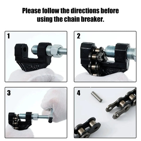 Instructional use of chain breaker tool for Beefy 420 Motorcycle Chain With 132 Links For 50cc Through 212cc ATVs And Dirt Bikes