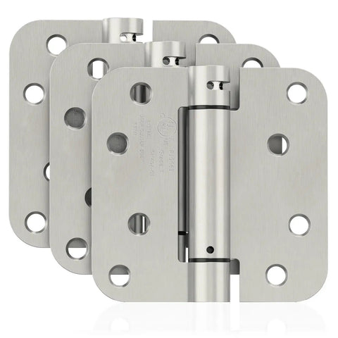3 Pack Self Closing Door Hinges 4 Inch Spring Loaded For Garage Front Back Doors Left Or Right Hand Adjustable Tension Five Eighth Inch Radius Corners UL Listed Brushed Nickel Durable Construction